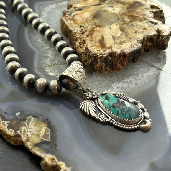 Sterling Southwestern Style Teardrop Turquoise Decorated Pendant For Women - Picture 3 of 10